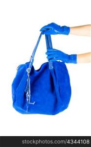 blue women bag at hand isolated on white background