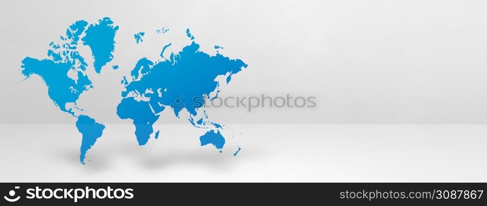 Blue world map isolated on white wall background. 3D illustration. Horizontal banner. Blue world map on white wall background. 3D illustration. Horizontal banner