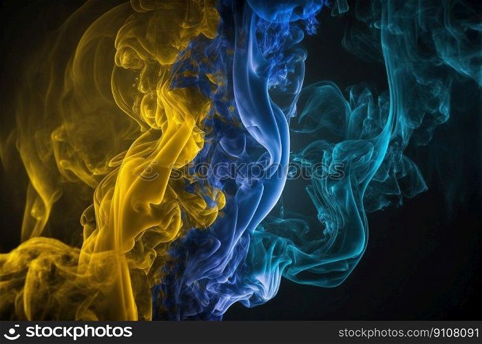 Blue Yellow Smog Abstract Background Vibrant Wallpaper Fluid Pigment Ink Splash Swirling. Generative AI. Blue Yellow Smog Abstract Background Vibrant Wallpaper Fluid Ink Splash. Generative AI