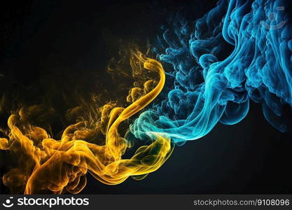 Blue Yellow Smog Abstract Background Vibrant Wallpaper Fluid Pigment Ink Splash Swirling. Generative AI. Blue Yellow Smog Abstract Background Vibrant Wallpaper Fluid Ink Splash. Generative AI