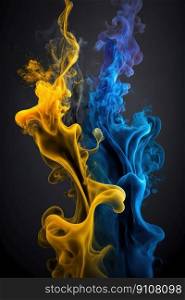 Blue Yellow Smog Abstract Background Vibrant Wallpaper Vertical Fluid Pigment Ink Splash Swirling. Generative AI. Blue Yellow Smog Abstract Background Vibrant Wallpaper Vertical Fluid Ink Splash. Generative AI