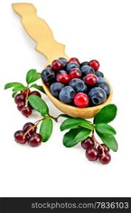 Blueberries and lingonberry in a wooden spoon, branches with leaves and berries cowberry isolated on white background