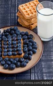 Blueberries and waffles on plate with milk glass. Still life