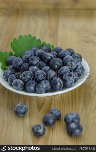 Blueberries in a bowl. Blueberries on white plate over wooden background
