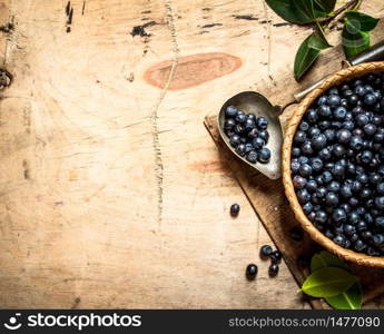 Blueberries in a Cup with a spoon. On a wooden table.. Blueberries in cup with a spoon.