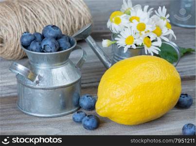 Blueberries in a metal toy tableware, lemon and chamomile on the background of old wood