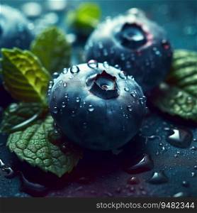 Blueberries with water drops and mint leaves, created by AI