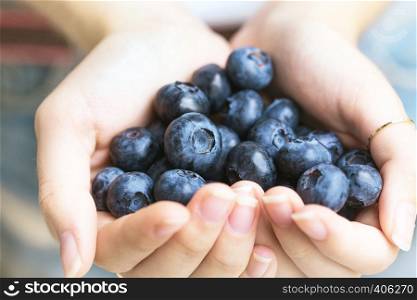 Blueberries, woman's hands holding bog whortleberry