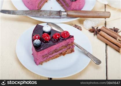 blueberry and raspberry cake mousse dessert with spice