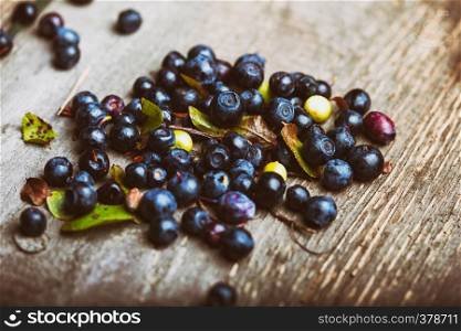 blueberry berries on a wooden table close up