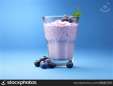 Blueberry frozen yogurt cream milkshake on blue background.AI Generative