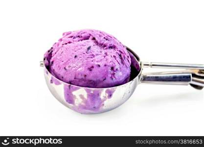 Blueberry Ice Cream in a special metal spoon isolated on white background
