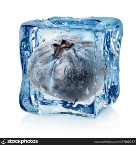 Blueberry in ice cube isolated on a white background