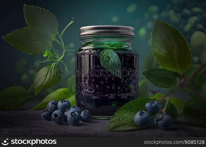 Blueberry Jam Jar. Illustration Generative AI. Blueberry Jam Jar. Illustration AI Generative