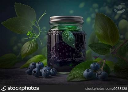 Blueberry Jam Jar. Illustration Generative AI. Blueberry Jam Jar. Illustration AI Generative