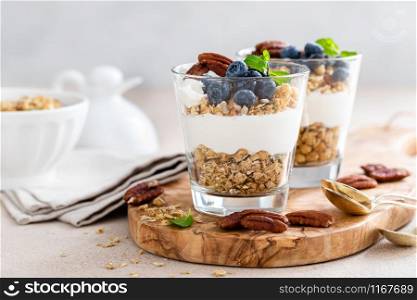 Blueberry layered parfait with ricotta cheese, granola and pecan nuts