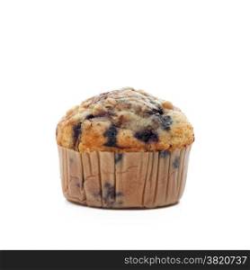 Blueberry muffin in paper baking cup isolated on white background