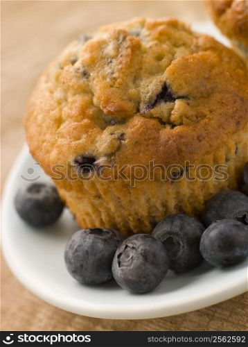 Blueberry Muffin On A Plate With Blueberries