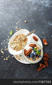 Blueberry parfait with ricotta cheese, granola and pecan nuts