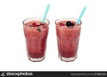 Blueberry raspberry smoothie on a white background.