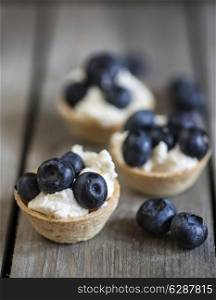 Blueberry tartlets on rustic wooden background
