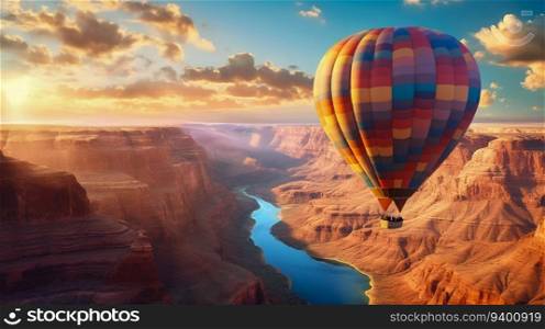 Blueish Hot Air Balloon Floating in the Sky at Sunset, Over the Grand Canyon. Generative ai. High quality illustration. Blueish Hot Air Balloon Floating in the Sky at Sunset, Over the Grand Canyon. Generative ai
