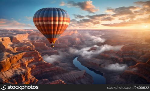 Blueish Hot Air Balloon Floating in the Sky at Sunset, Over the Grand Canyon. Generative ai. High quality illustration. Blueish Hot Air Balloon Floating in the Sky at Sunset, Over the Grand Canyon. Generative ai