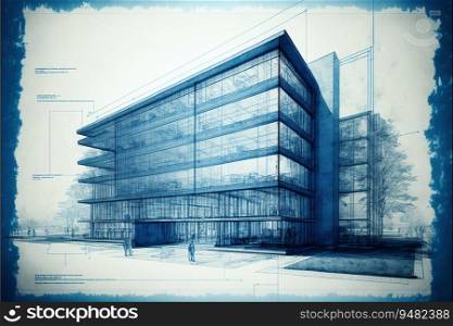 Blueprint drawing of the super modern facade of the building. created by AI 