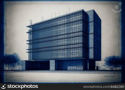 Blueprint drawing of the super modern facade of the building. created by AI 