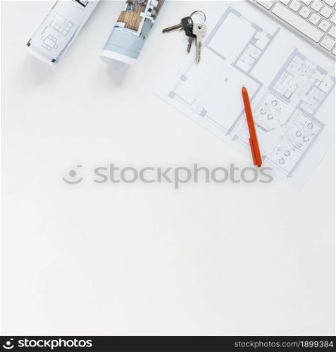 blueprint with keys red pen isolated white background. Resolution and high quality beautiful photo. blueprint with keys red pen isolated white background. High quality beautiful photo concept