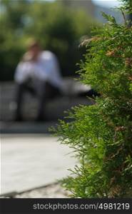 Blur background of businessman sitting on stairs at summer park. Plant on foreground