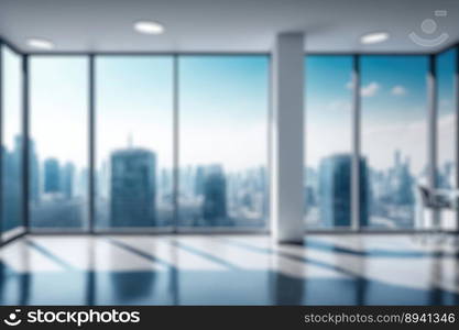 Blur background of empty modern office background in city center . Workspace interior design . Clean and bright office gallery background. Blur background of empty modern office background in city center . Workspace interior design .