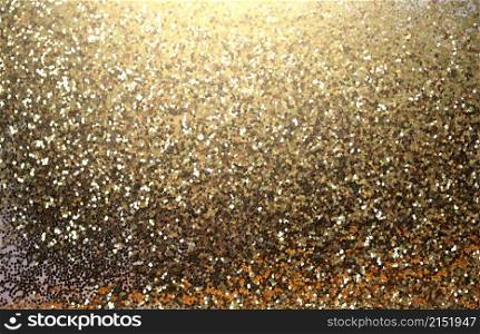 Blur Gold (bronze) glitter shine dots confetti. Abstract light blink sparkle defocus backgound.