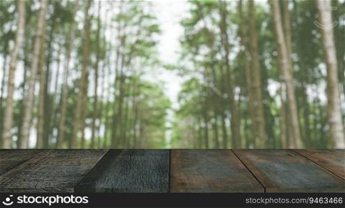 Blur green forest pine wood with wooden table foreground for advertising products montage.