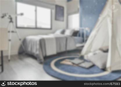blur image of adventure style decoration with deep blue color in modern bedroom interior