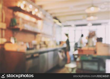 blur image of coffee shop interior background with vintage style effect