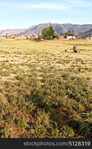 blur in lesotho malealea street village near mountain and coultivation field