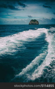 blur in philippines a view from boat and the pacific ocean mountain background