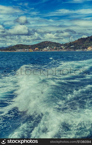 blur in philippines a view from boat and the pacific ocean mountain background