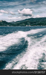 blur in philippines a view from boat and the pacific ocean mountain background