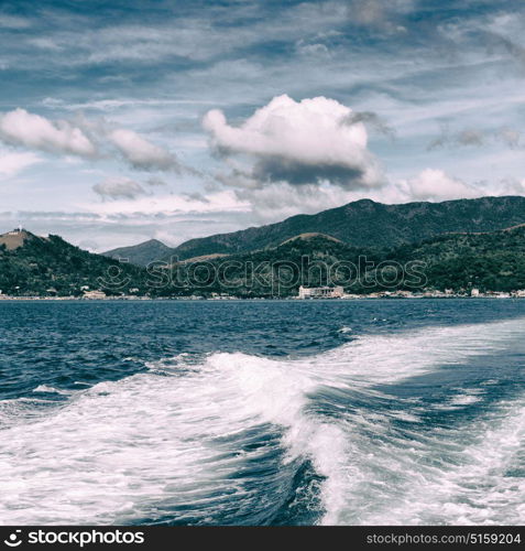 blur in philippines a view from boat and the pacific ocean mountain background