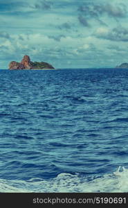 blur in philippines a view from boat and the pacific ocean mountain background