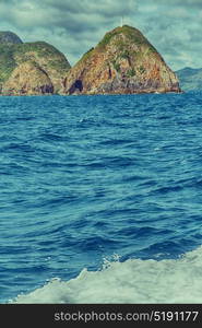 blur in philippines a view from boat and the pacific ocean mountain background