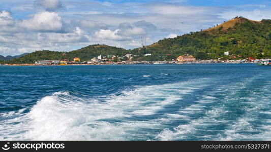 blur in philippines a view from boat and the pacific ocean mountain background