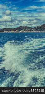 blur in philippines a view from boat and the pacific ocean mountain background