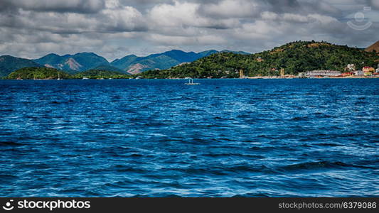 blur in philippines a view from boat and the pacific ocean mountain background