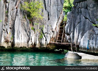 blur in philippines view from a boat of palm cliff beach and rock from pacific ocean