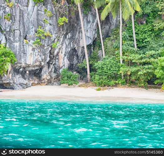 blur in philippines view from a boat of palm cliff beach and rock from pacific ocean