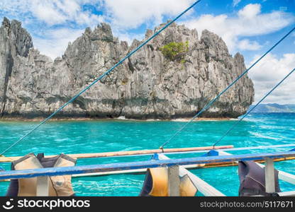 blur in philippines view of the island hill from the prow of a boat