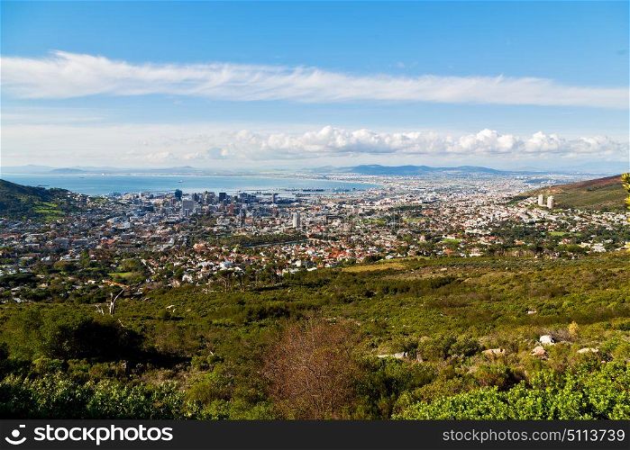 blur in south africa cape town city skyline from table mountain sky ocean and house
